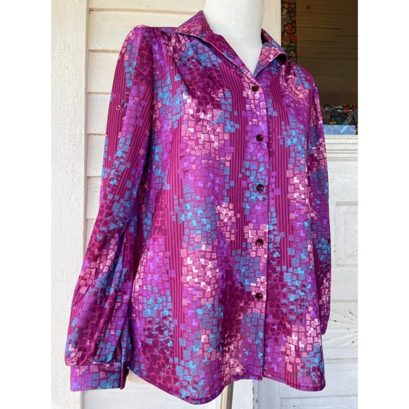 Vintage 1970s Womens Blouse Pink Purple Abstract Print - Picture 7 of 14